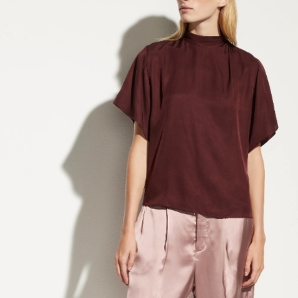 VINCE Twist Neck Flutter Sleeve Blouse in Black Plum - Picture 1 of 12